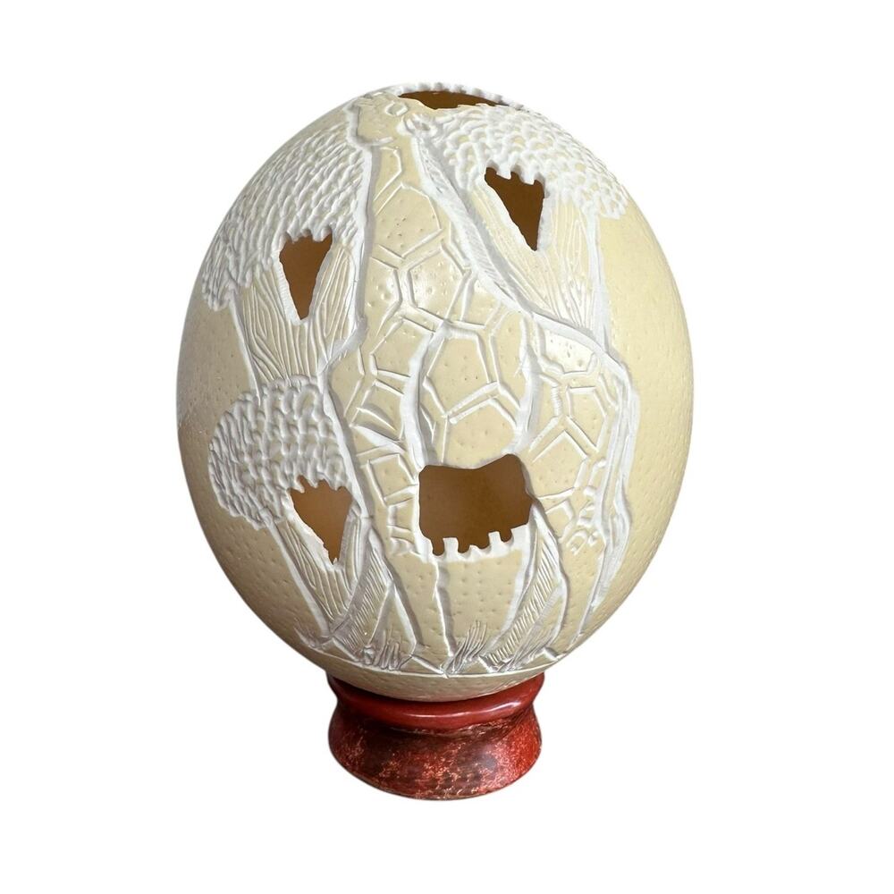 African Hand Carved Ostrich Egg Giraffe & Forest Design Signed W/ Wood Stand